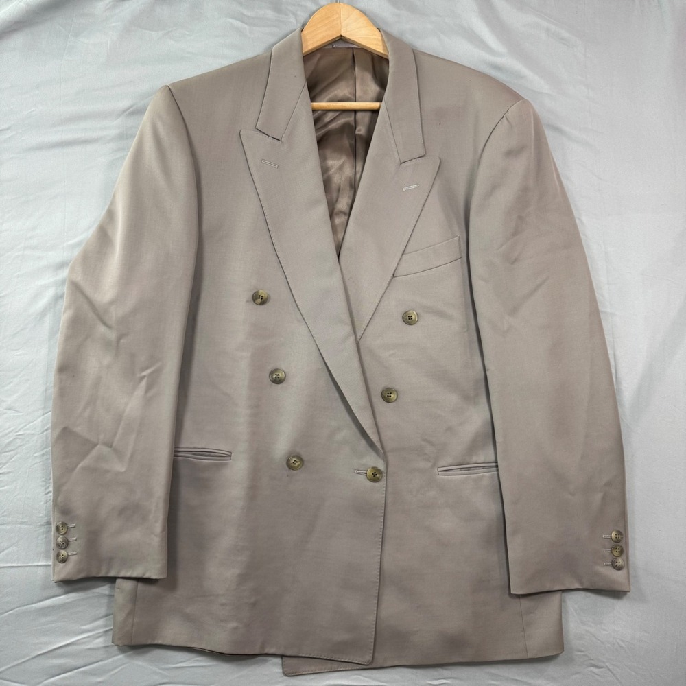 VTG Jaeger Mens Double Breasted Pure‎ New Wool Blazer Taupe Tan Old Money Luxury